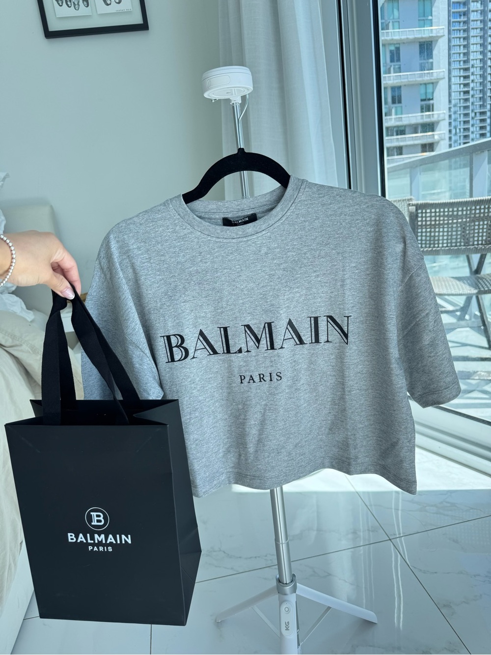 Balmain Grey Logo Cropped Tee
